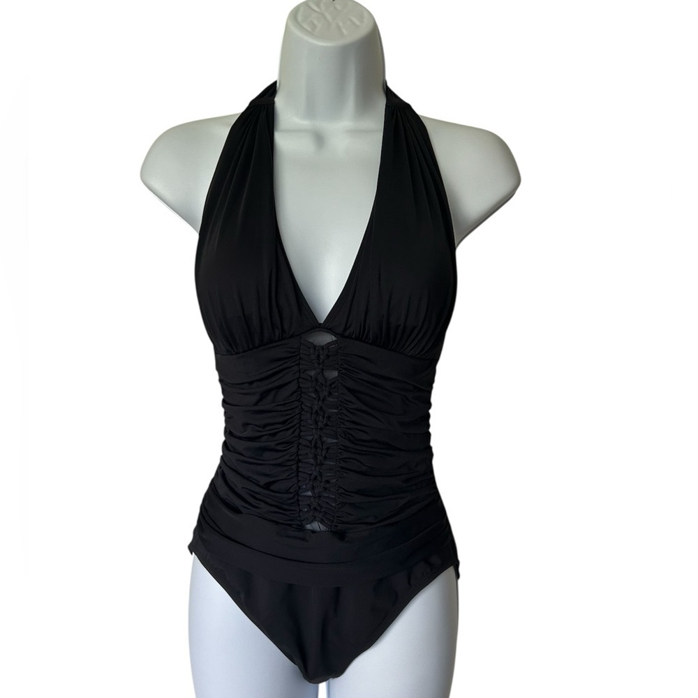 NWT Bleu Rod Beattie Black Halter One Piece Crochet Mesh Ruched Size 6